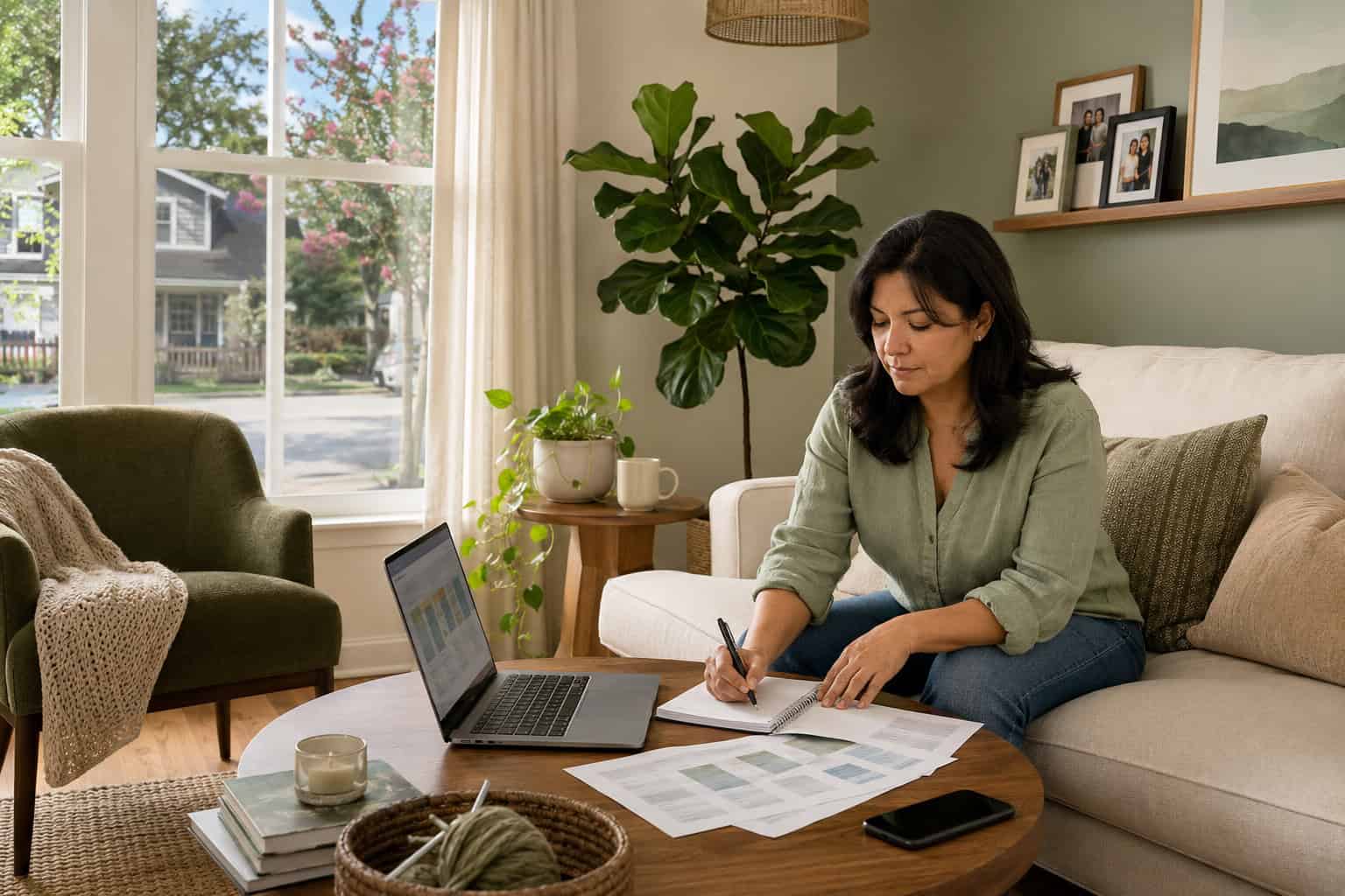 Charlotte North Carolina resident reviewing 2026 HealthCare.gov marketplace options on a laptop from her living room