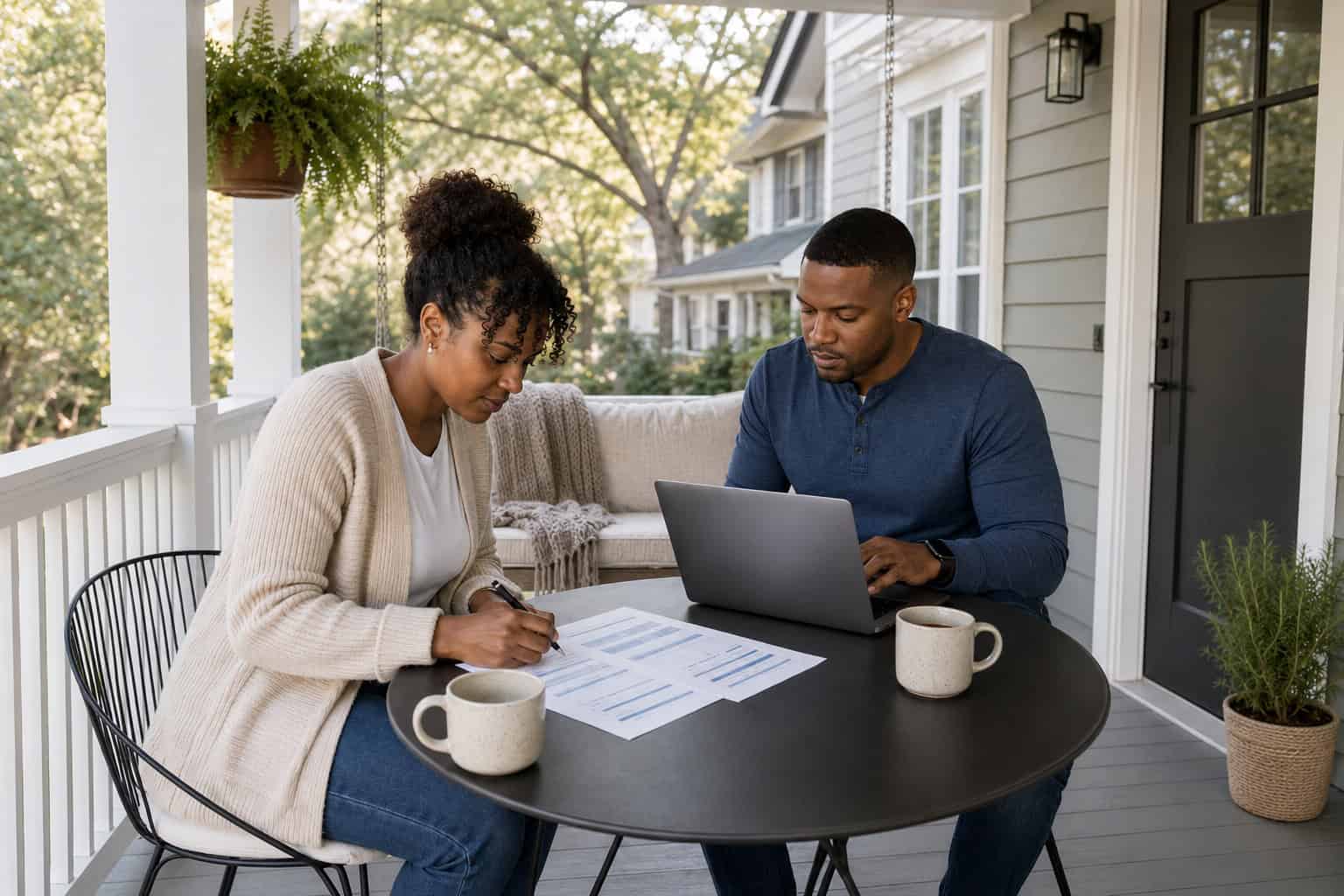 Raleigh North Carolina couple reviewing 2026 HealthCare.gov plan options together on a craftsman front porch