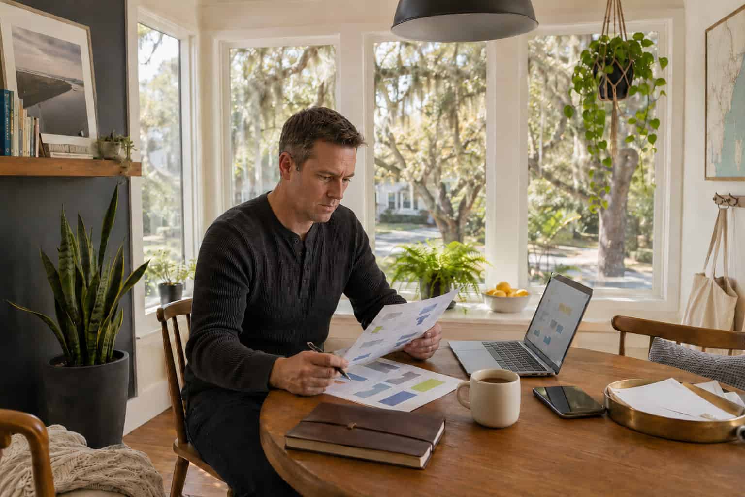 Wilmington North Carolina resident researching temporary coverage options in his sunroom during a 2026 gap between jobs