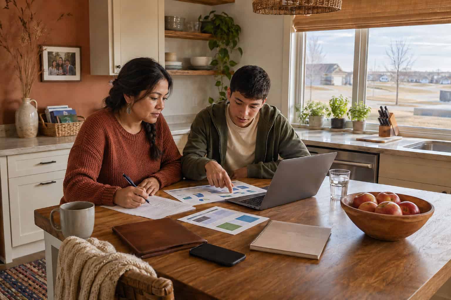 North Dakota family reviewing affordable coverage and Medicaid options in a Minot kitchen