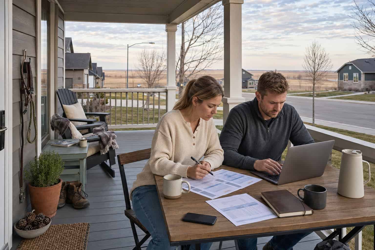 North Dakotans reviewing 2026 health insurance plan options on a Fargo home's front porch