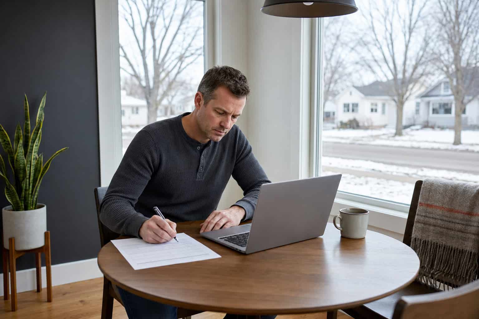 North Dakotan comparing short-term and ACA coverage choices in a Fargo sunroom