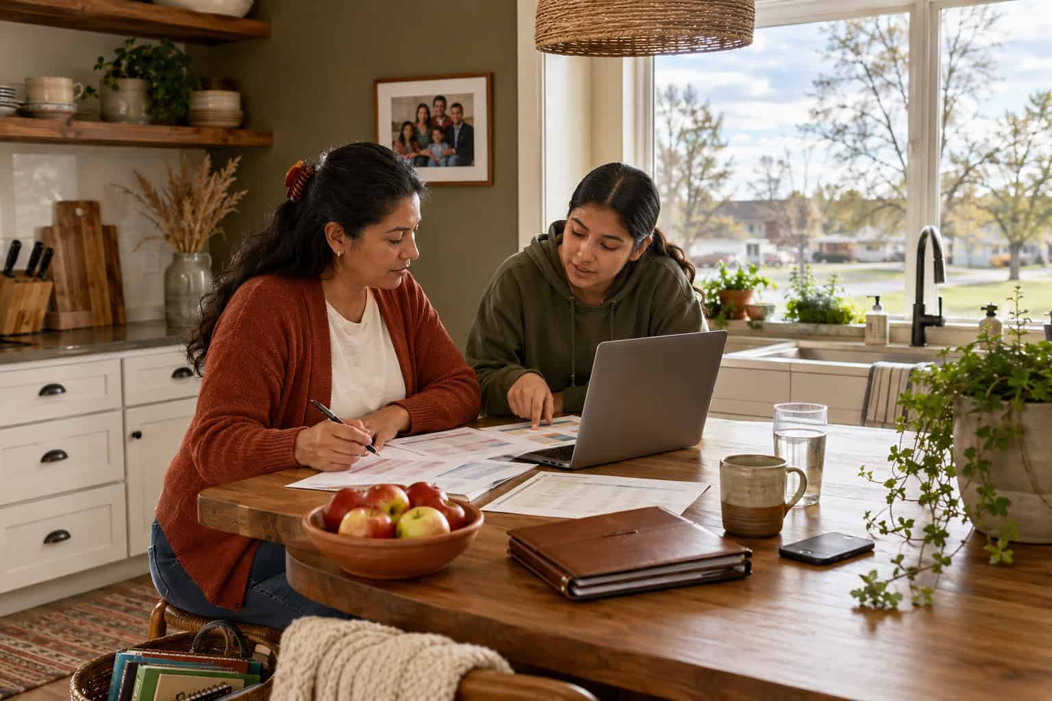 Nebraska mother and daughter reviewing affordable coverage and Heritage Health options in a Grand Island kitchen