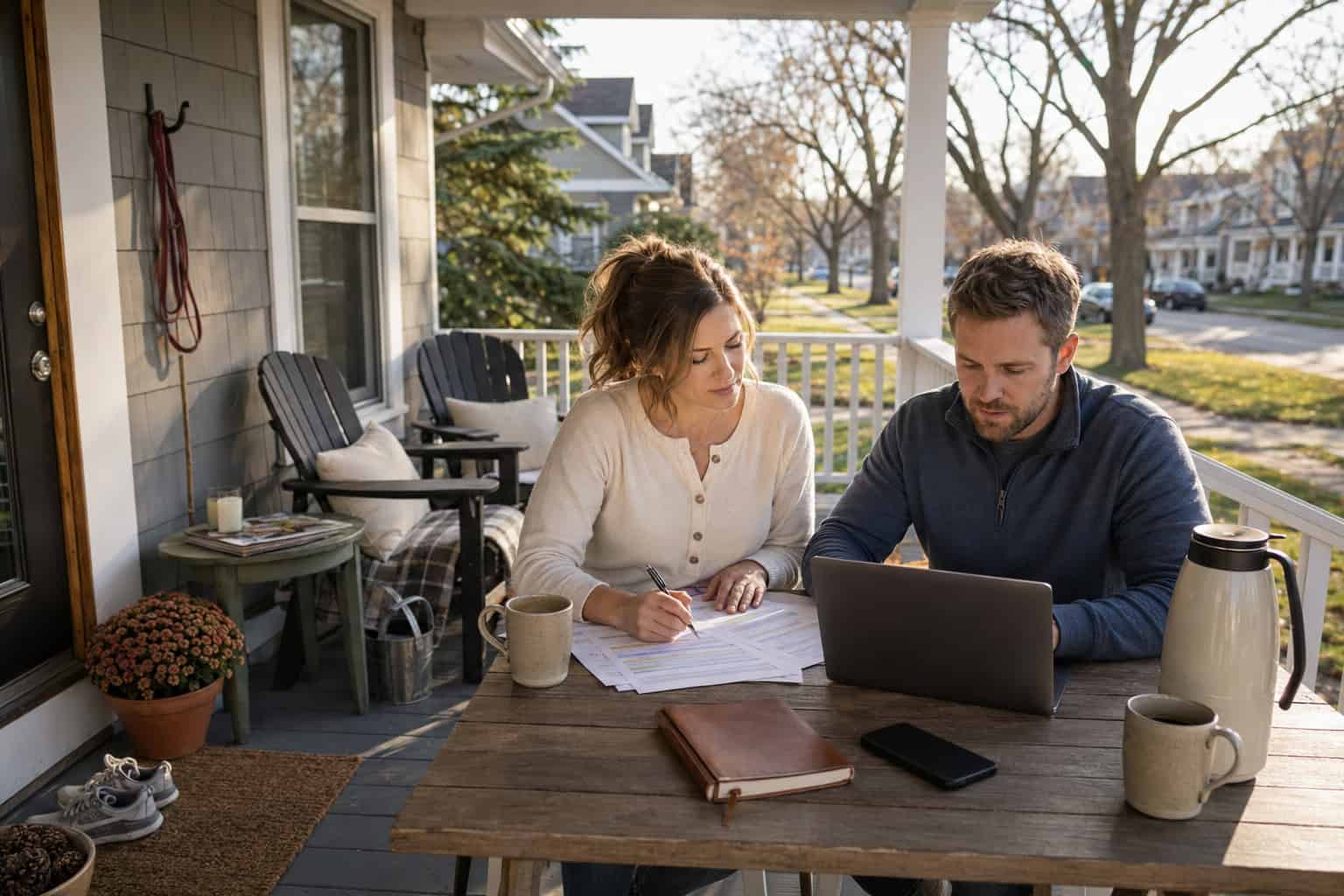 Nebraska couple reviewing 2026 health insurance plan options on an Omaha home's front porch