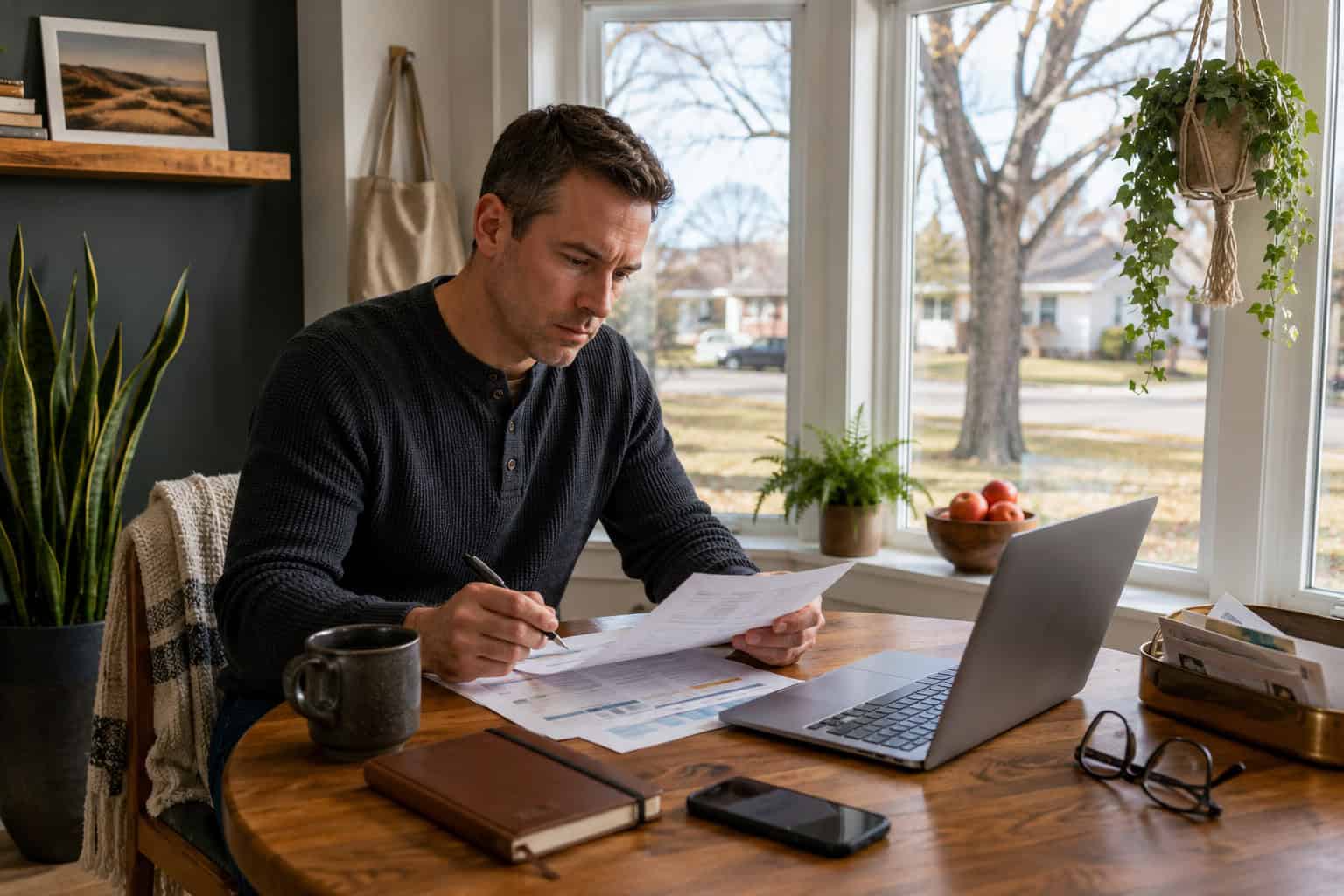Nebraska resident researching temporary coverage options in a Lincoln sunroom during a 2026 job gap