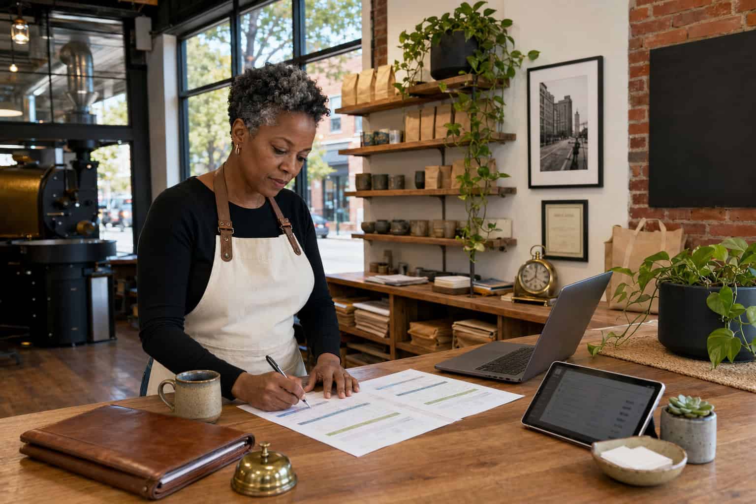 Nebraska small business owner reviewing 2026 employee health benefit options in an Omaha coffee roastery
