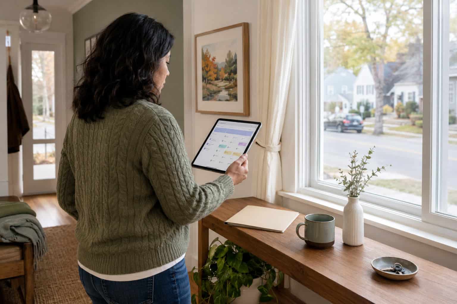 New Hampshire resident comparing 2026 HealthCare.gov marketplace plans on a tablet at a Nashua window-side console