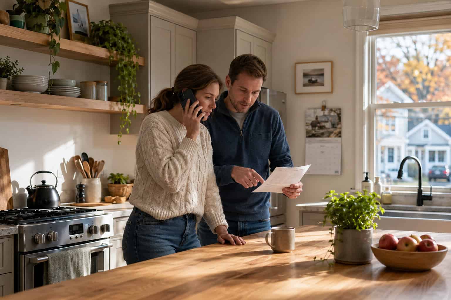 New Hampshire couple on a call with an enrollment navigator about 2026 health insurance options in a Manchester kitchen