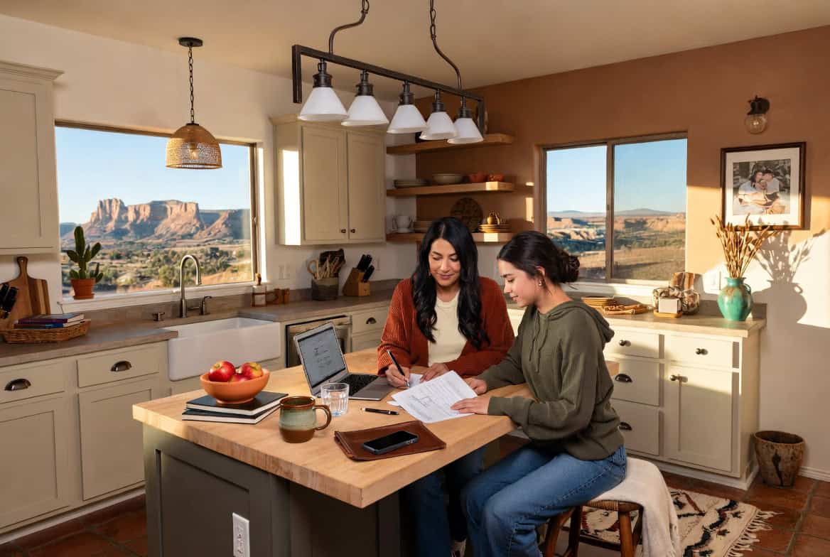New Mexico mother and daughter reviewing affordable coverage and Centennial Care eligibility in a Farmington kitchen