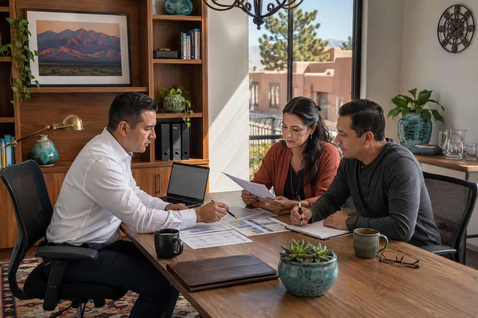 New Mexico couple comparing 2026 health insurance carriers with a licensed agent in an Albuquerque office