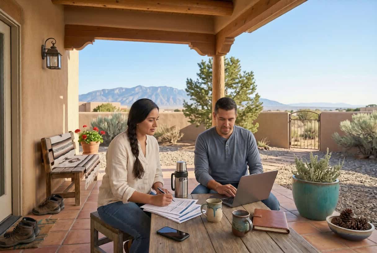 New Mexico couple reviewing 2026 health insurance options on beWellnm from an Albuquerque home's portal