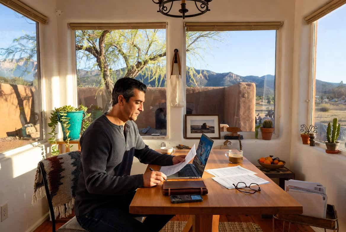 New Mexico resident researching temporary coverage options in a Santa Fe sunroom during a 2026 job gap
