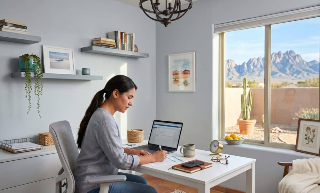 New Mexico small business owner reviewing 2026 employee health benefit options in an Albuquerque gallery