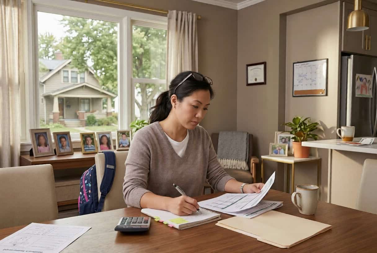 Akron Ohio single mother reviewing affordable 2026 health insurance options and household budget at her dining table