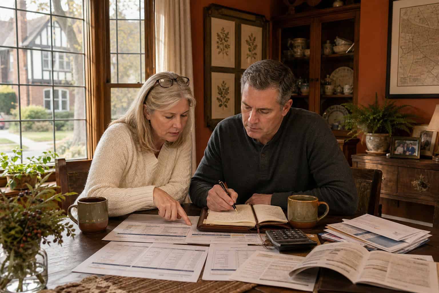 Cincinnati Ohio couple comparing 2026 health insurance carriers and provider networks at their dining room table