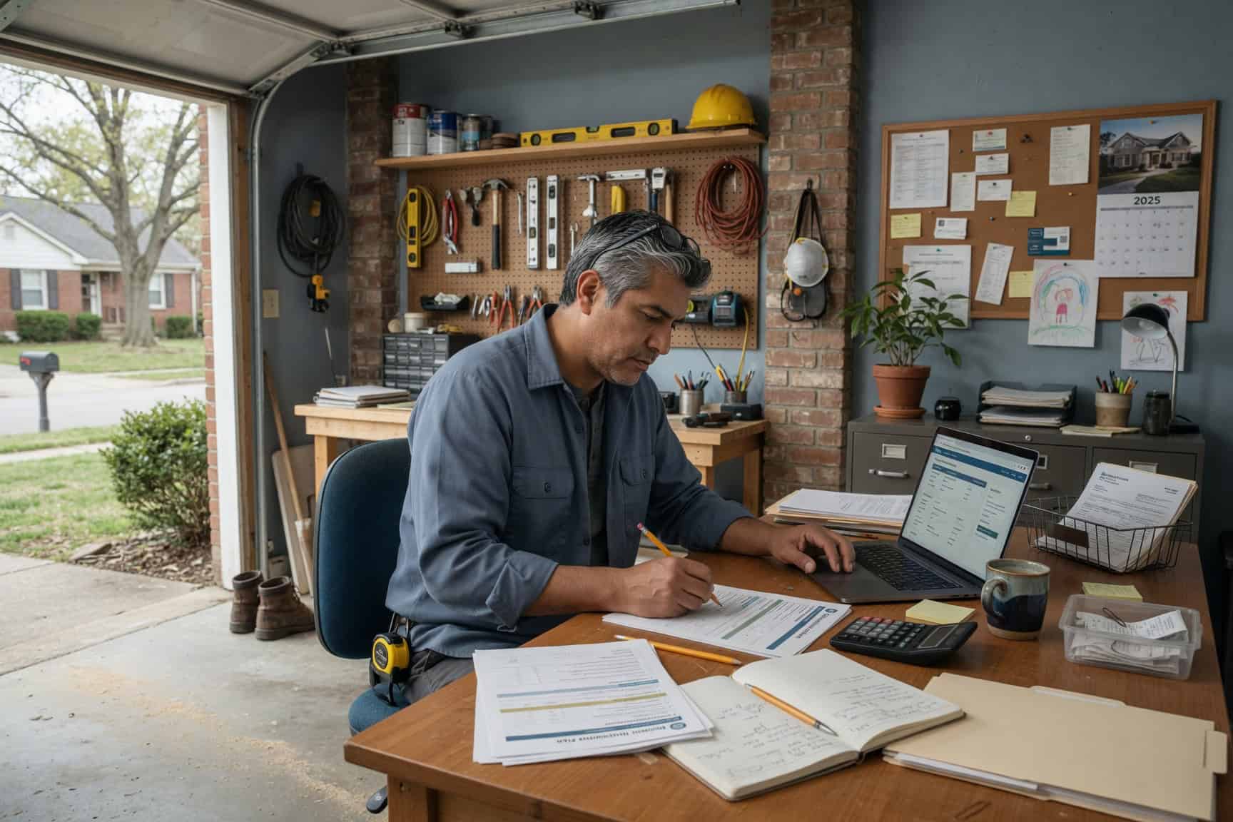Toledo Ohio self-employed contractor reviewing 2026 individual health insurance options at his home garage workspace
