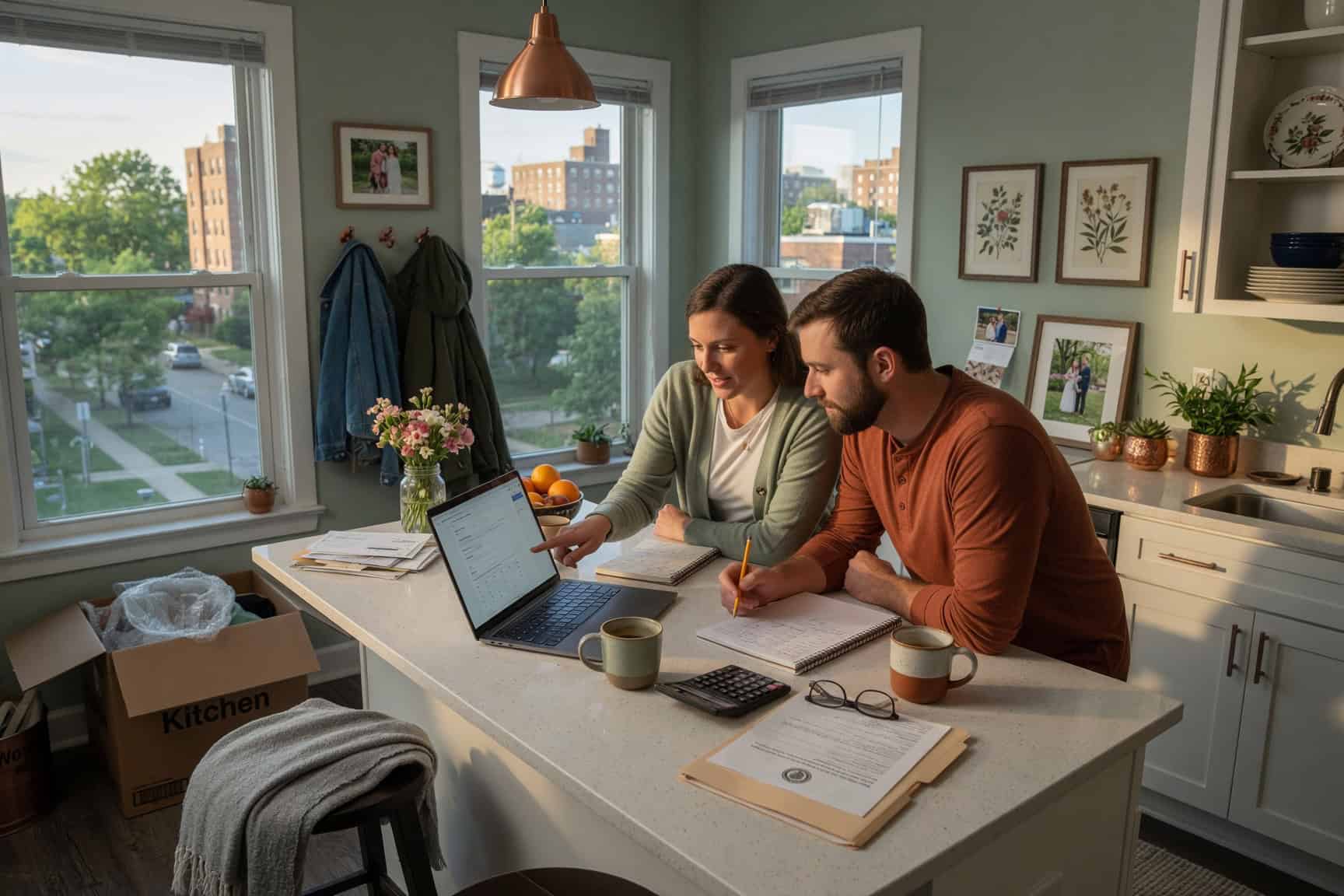 Ohio health insurance quotes — Dayton newlywed couple running 2026 marketplace quotes on a laptop after marriage
