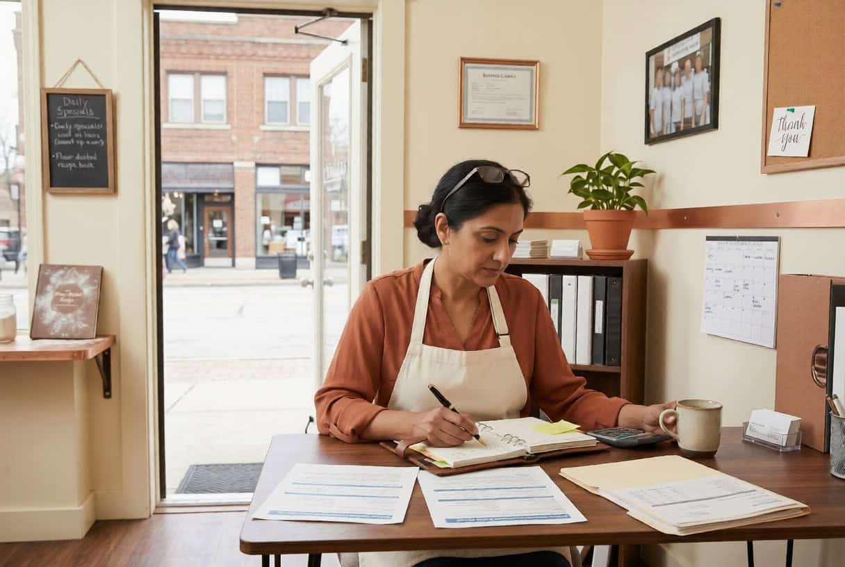 Ohio small business health insurance — Cleveland Heights bakery owner reviewing 2026 group plan options at her office