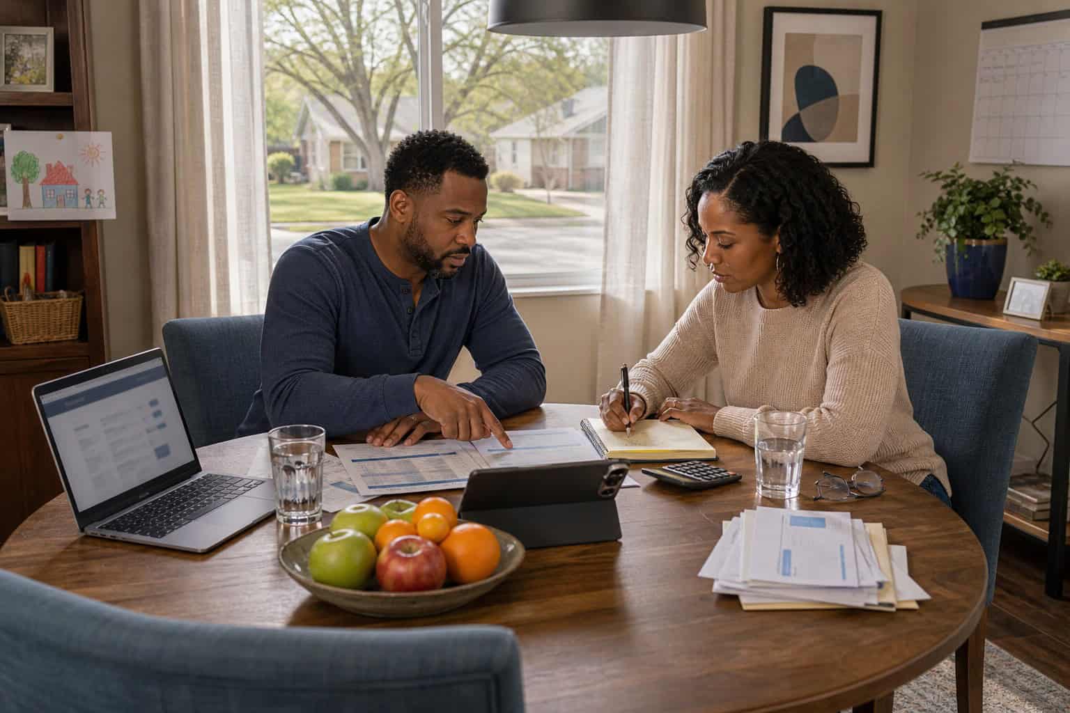 Norman Oklahoma couple reviewing 2026 health insurance cost options and SoonerCare eligibility at their dining room table
