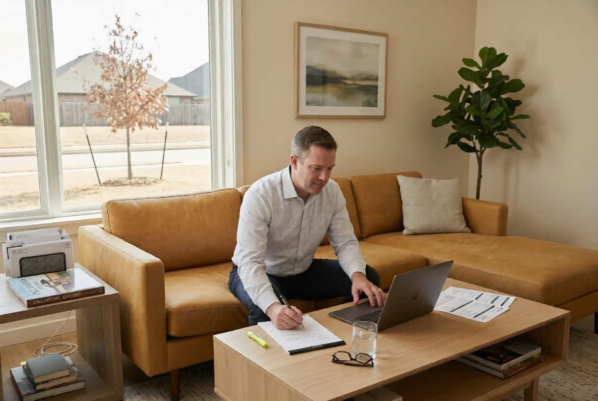 Edmond Oklahoma resident comparing 2026 health insurance carrier options on a laptop in a contemporary living room