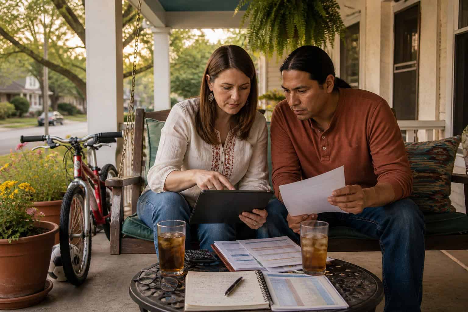 Tulsa Oklahoma family discussing 2026 SoonerCare and marketplace coverage options on their covered front porch