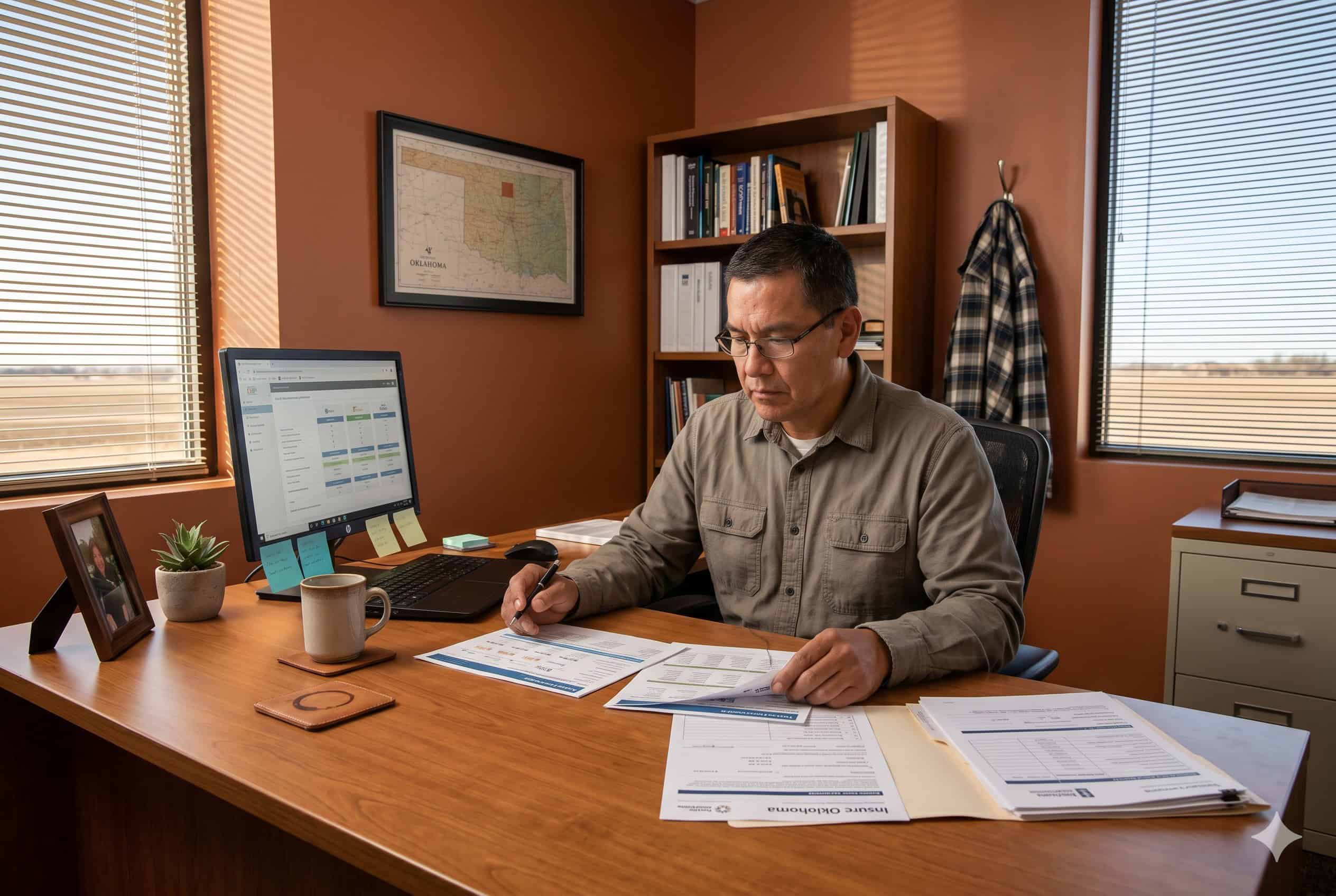 Stillwater Oklahoma small business owner reviewing employee health insurance plan options at an office desk