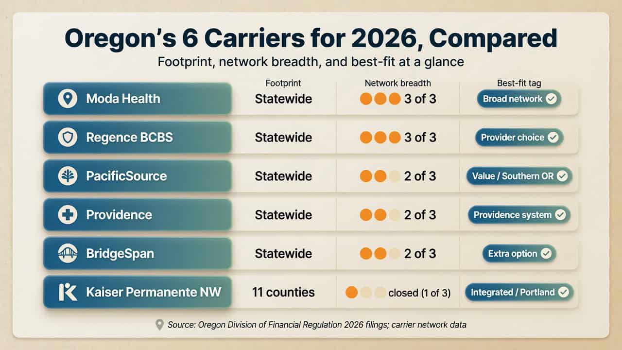 Oregon 2026 carrier comparison matrix showing footprint, network breadth, and best-fit for all six insurers