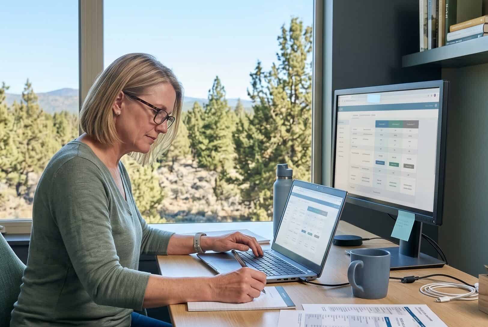 Bend Oregon professional comparing health insurance carriers on a laptop in a home office with Cascade foothills visible