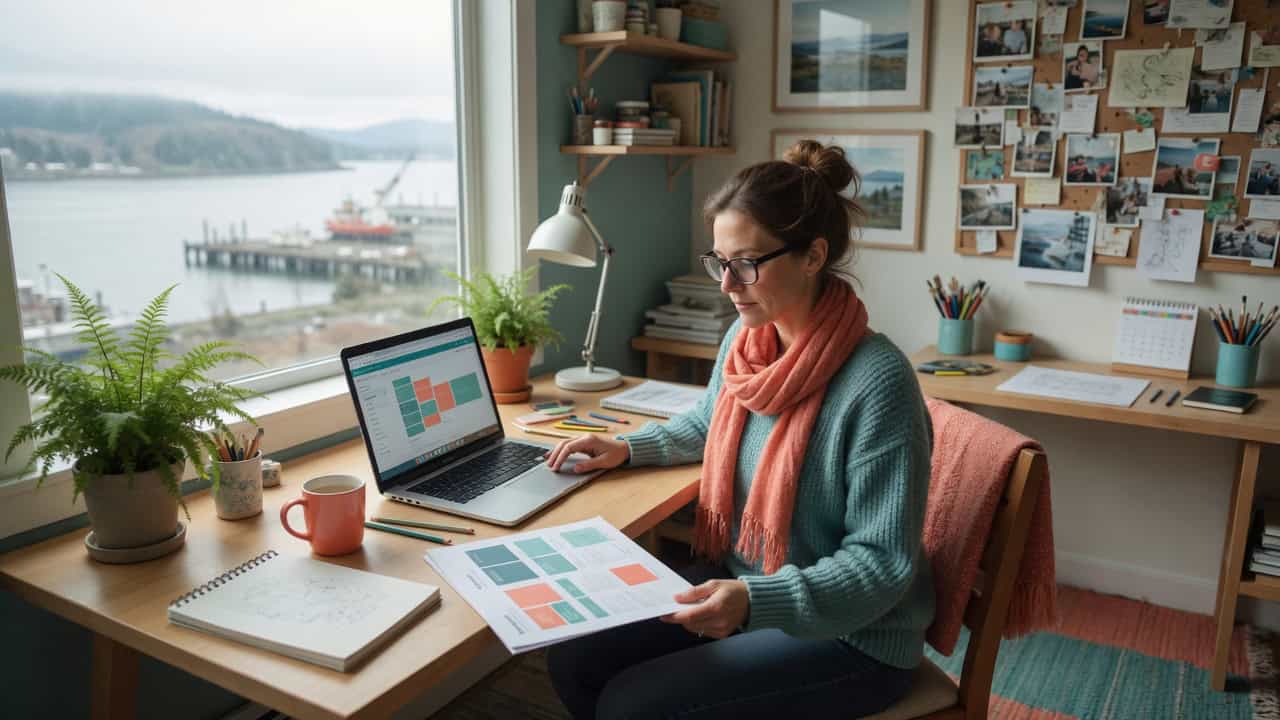 Alt: Self-employed Oregon resident at an Astoria home studio comparing 2026 individual health insurance options