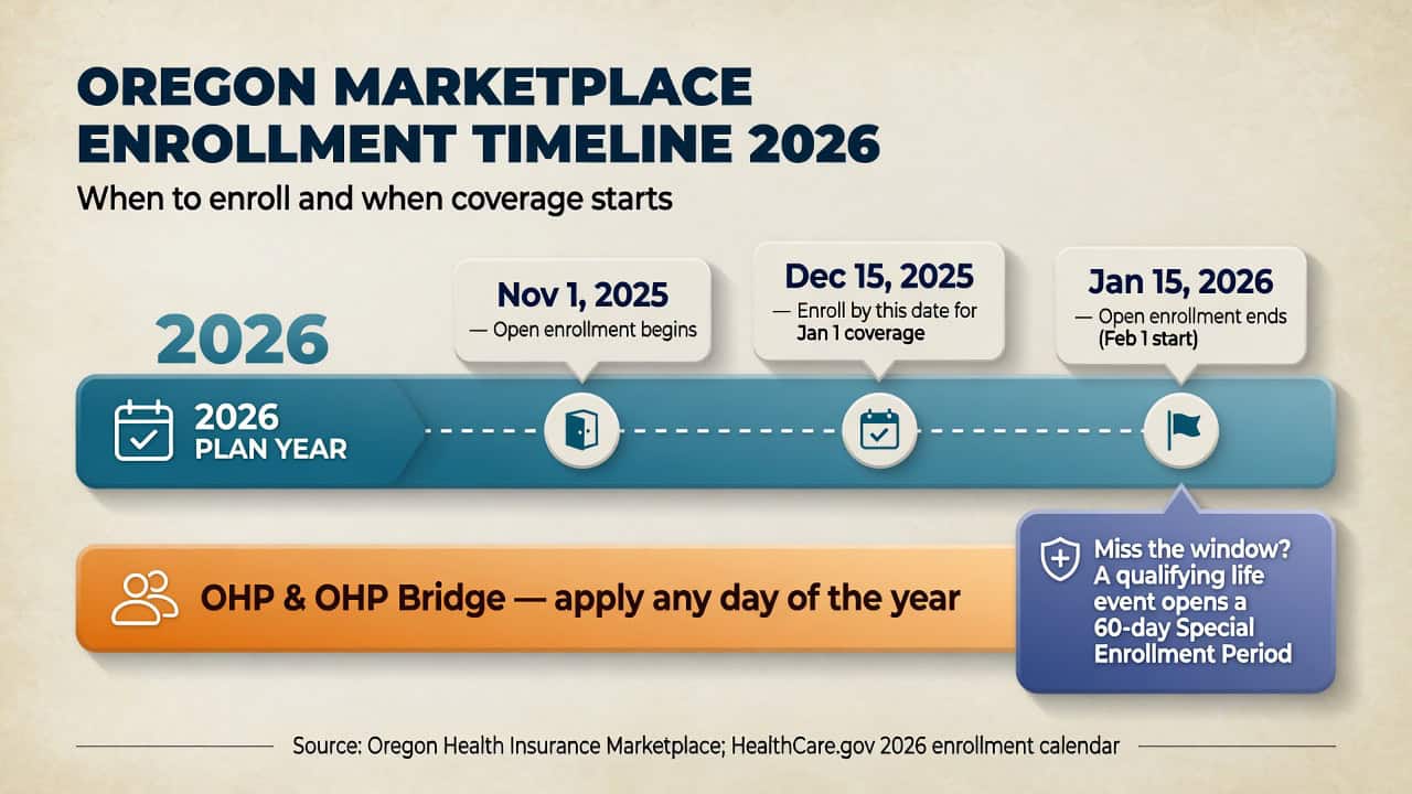 Oregon 2026 marketplace enrollment timeline showing the open enrollment window, coverage start dates, and year-round OHP and Bridge access