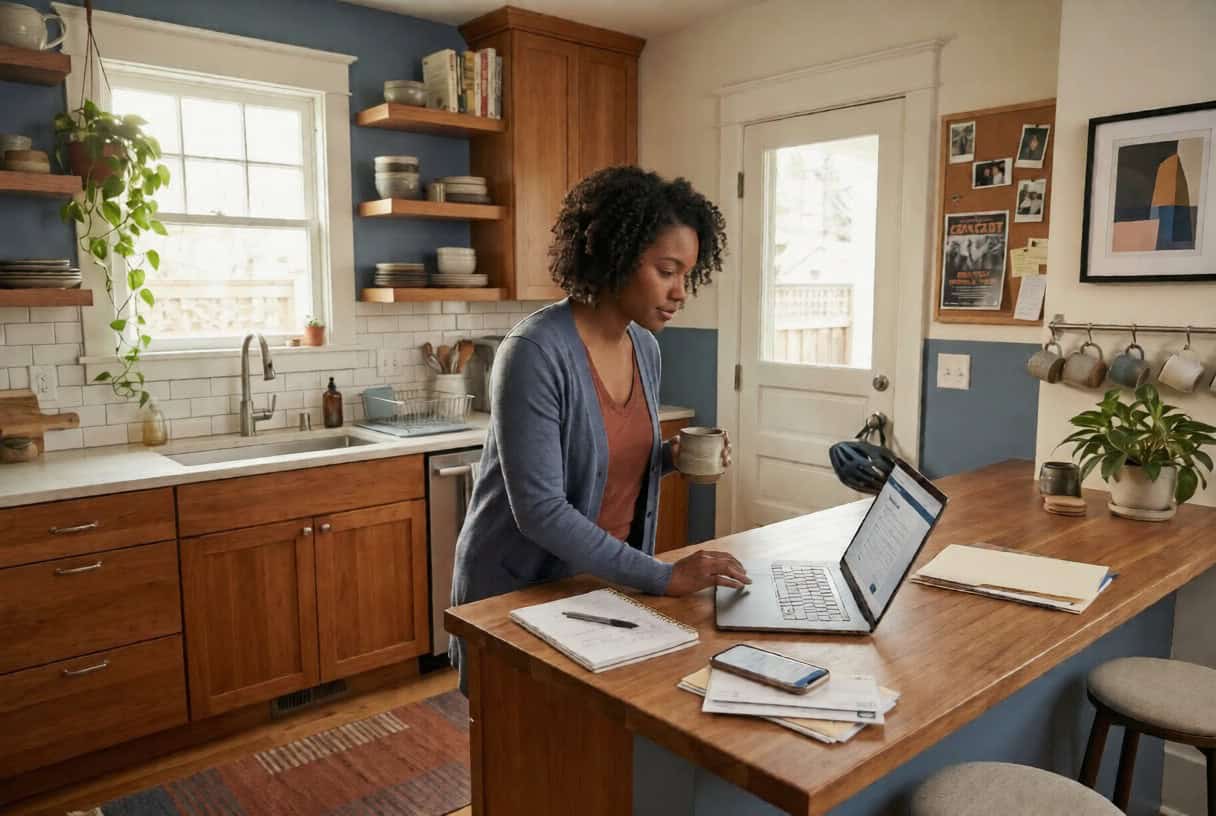 Oregon resident enrolling in a 2026 marketplace plan on a laptop at a Portland Craftsman home kitchen counter