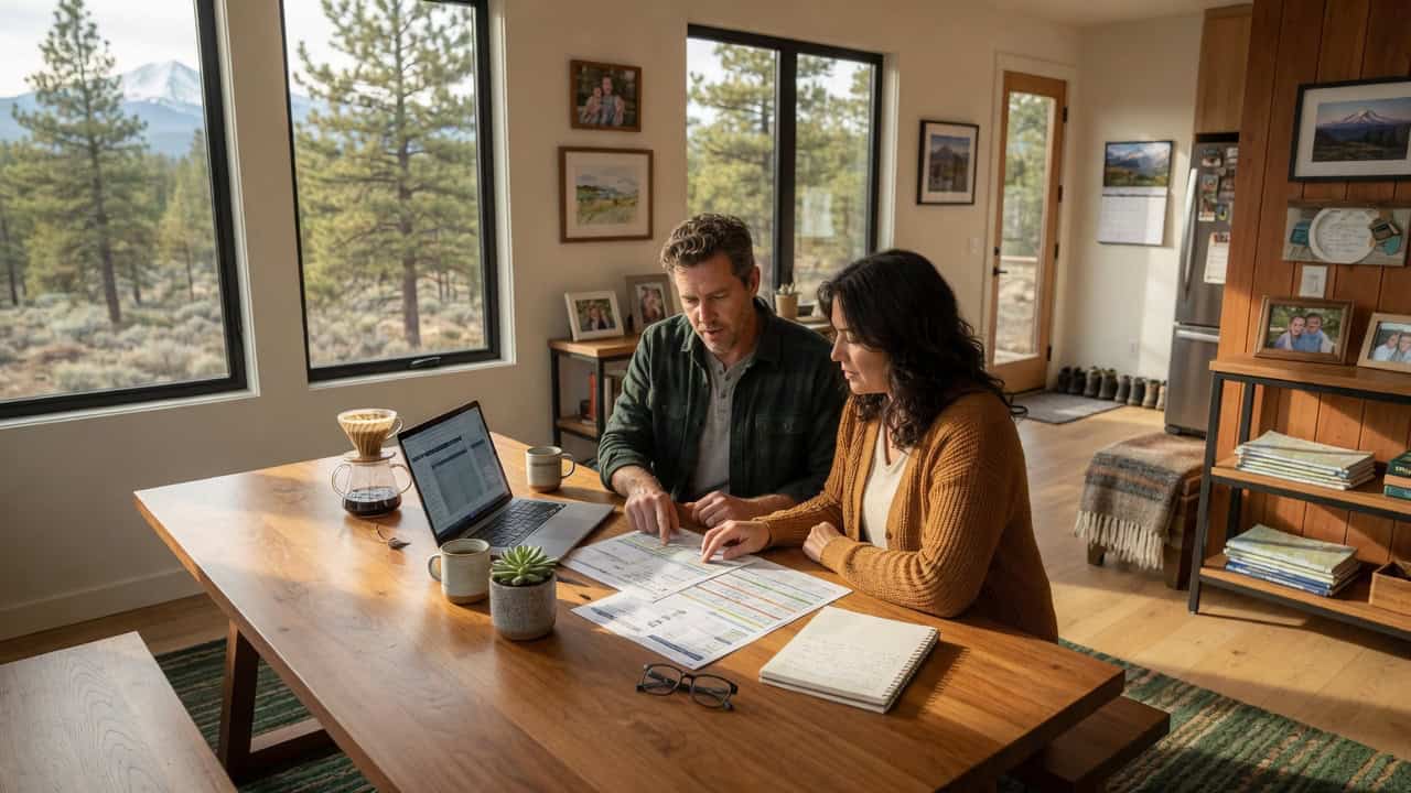 Oregon couple at a Bend high-desert home dining table reviewing 2026 marketplace plan options on a laptop