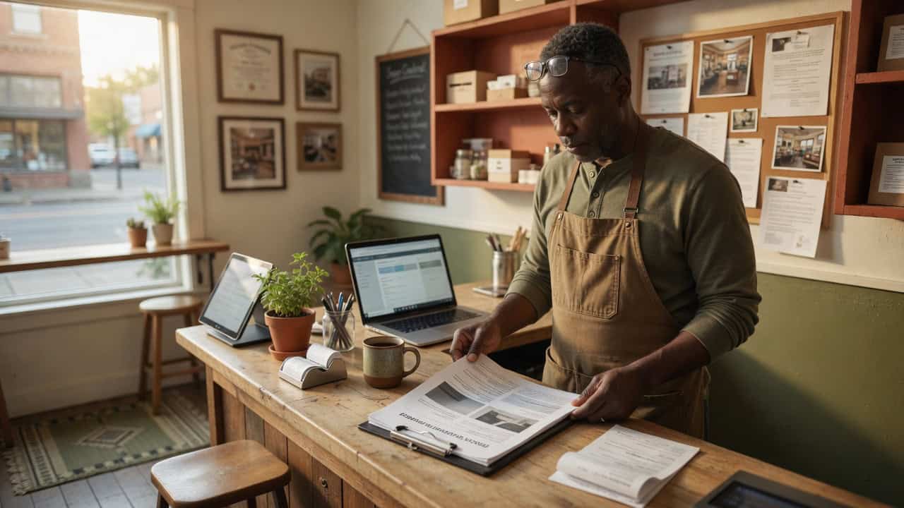 Alt: Oregon small business owner at a Salem storefront counter reviewing a 2026 group health coverage proposal