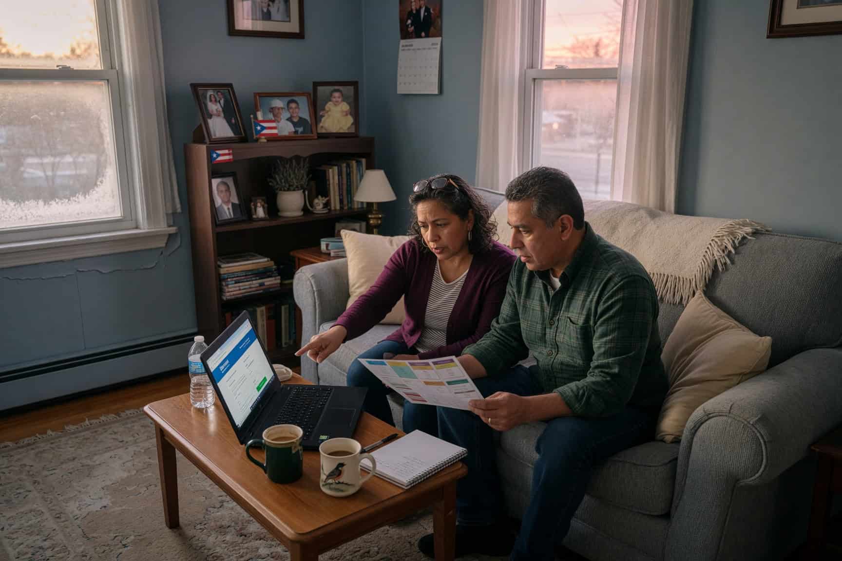 Cranston Rhode Island couple reviewing affordable health insurance options on a laptop in a living room