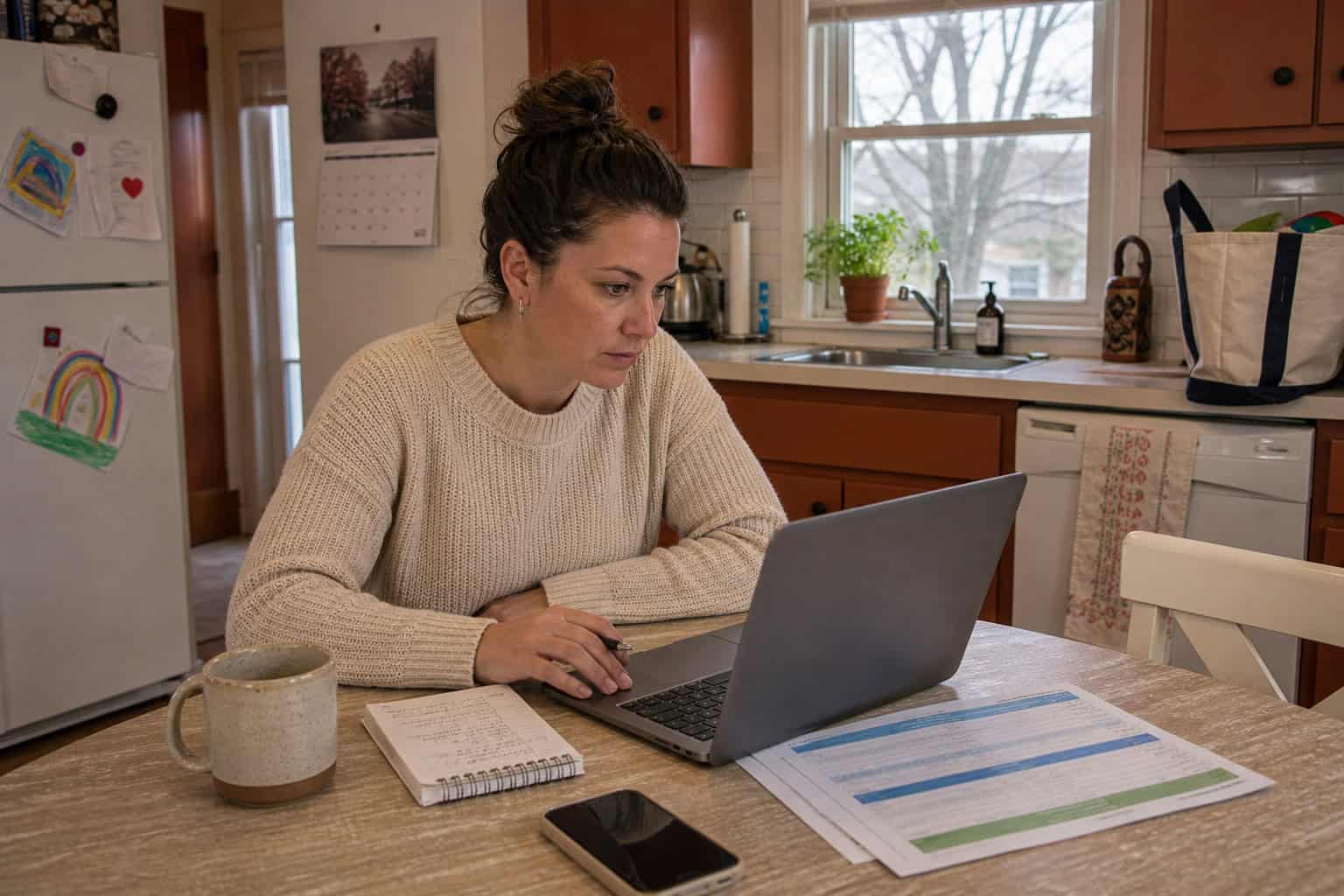 Warwick Rhode Island woman enrolling in HealthSource RI marketplace plan at a kitchen table
