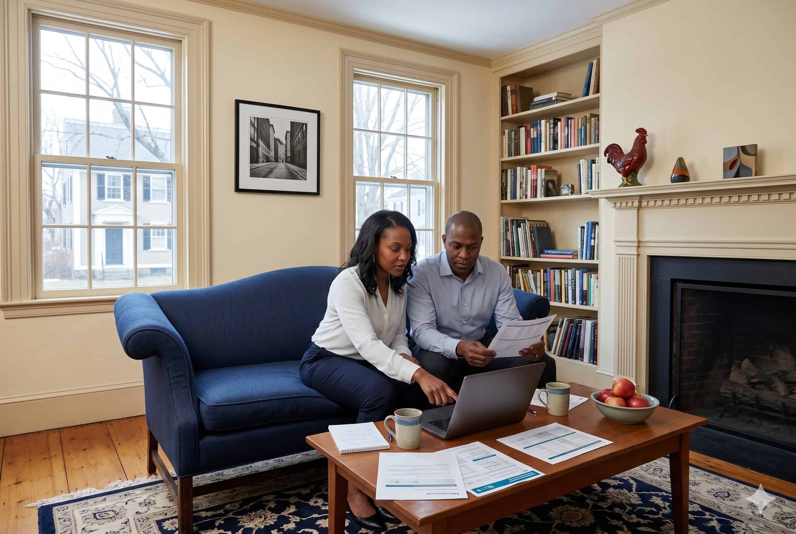 Providence Rhode Island couple reviewing HealthSource RI health insurance options in a colonial home living room