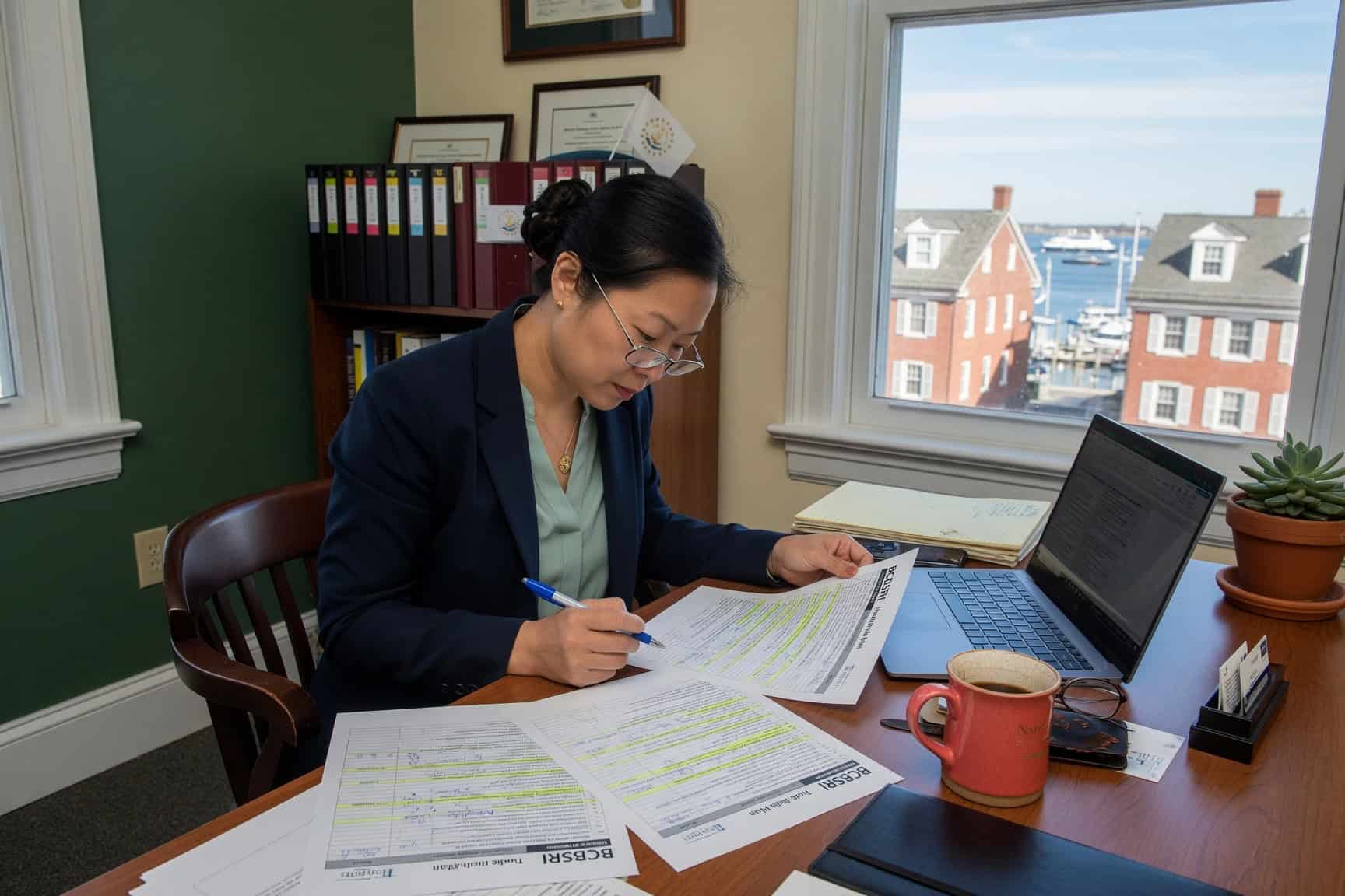Newport Rhode Island small business owner reviewing employee health insurance options at an office desk