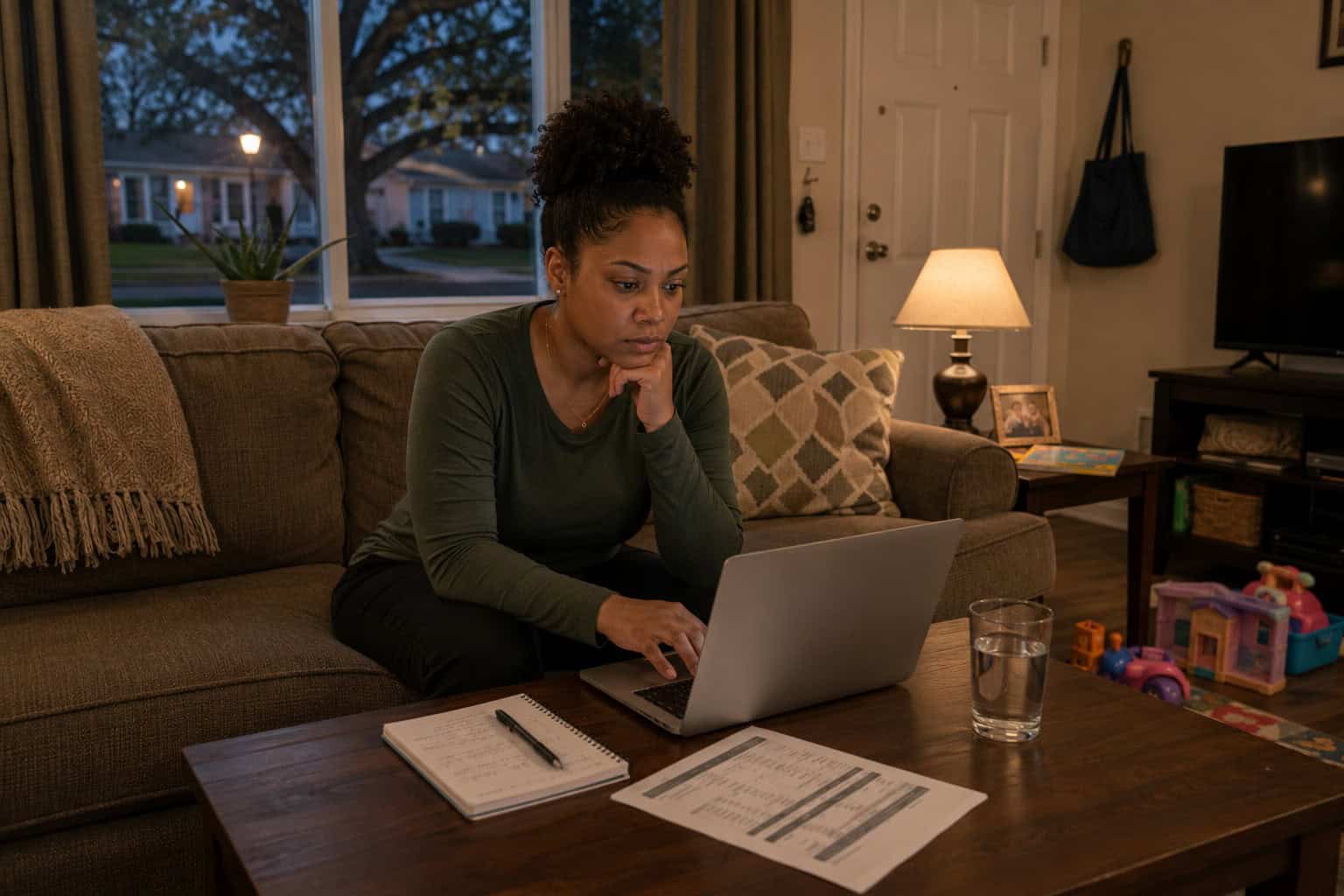 Conway South Carolina working family reviewing affordable health insurance options in a modest living room