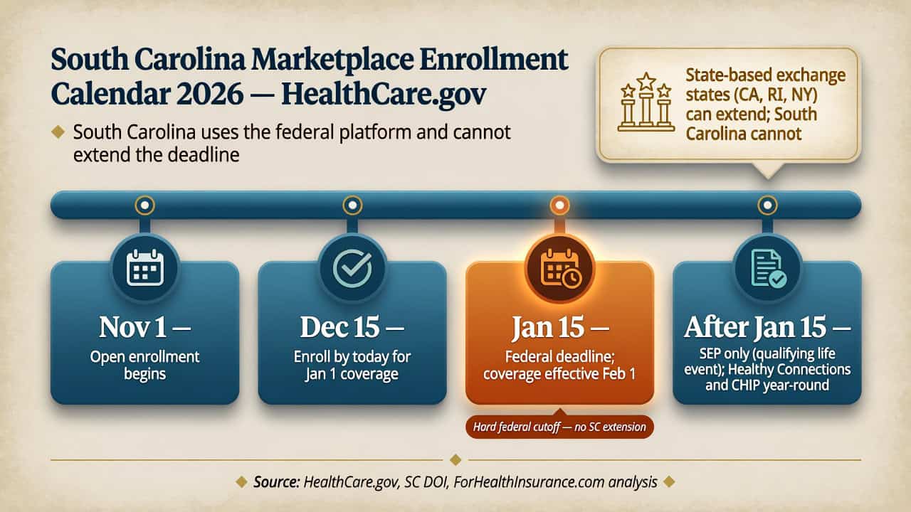South Carolina 2026 HealthCare.gov open enrollment timeline — November 1 start, December 15 and January 15 deadlines, with no state extension