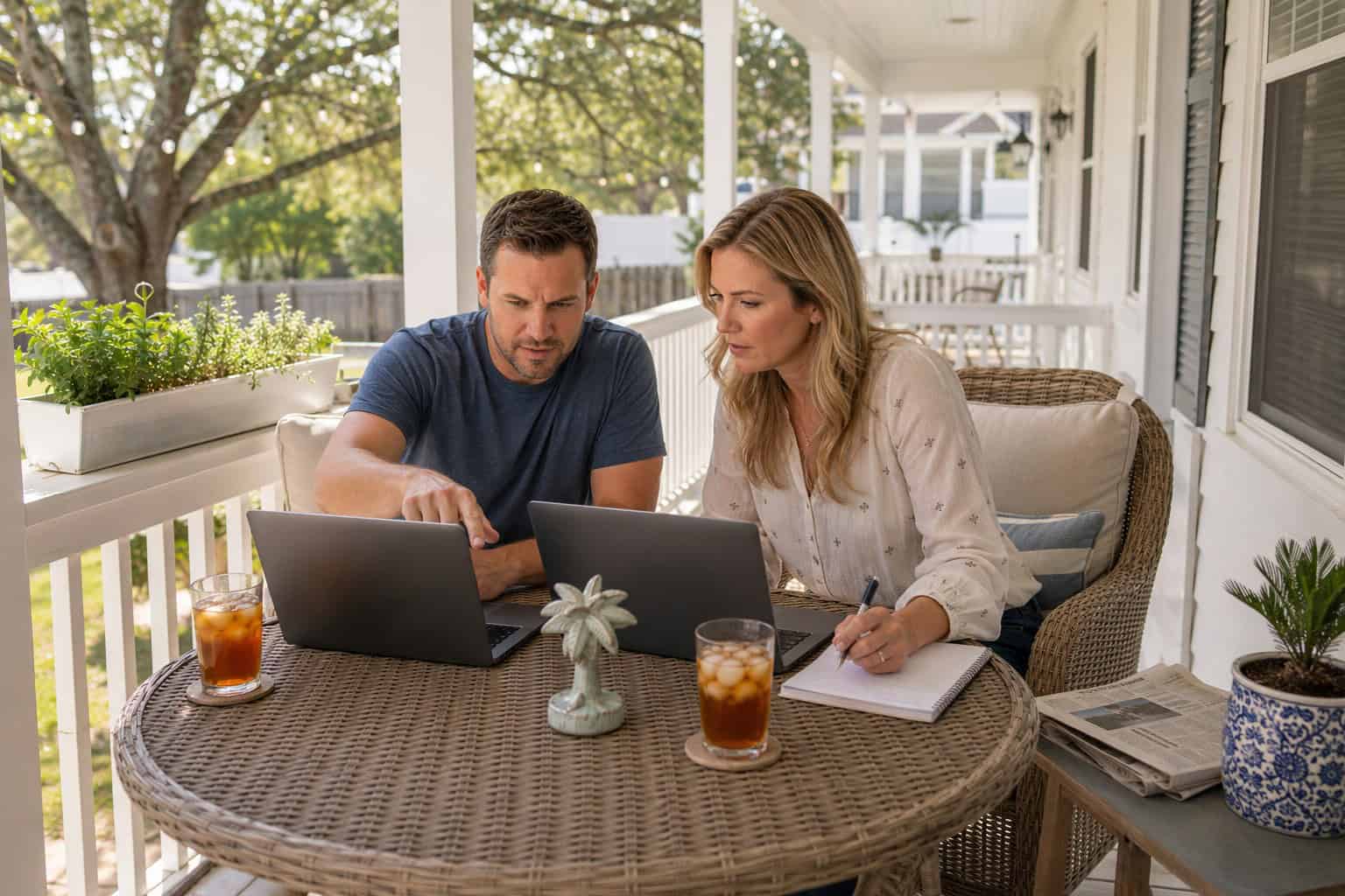 Charleston South Carolina couple comparing 2026 health insurance plans on a coastal home porch