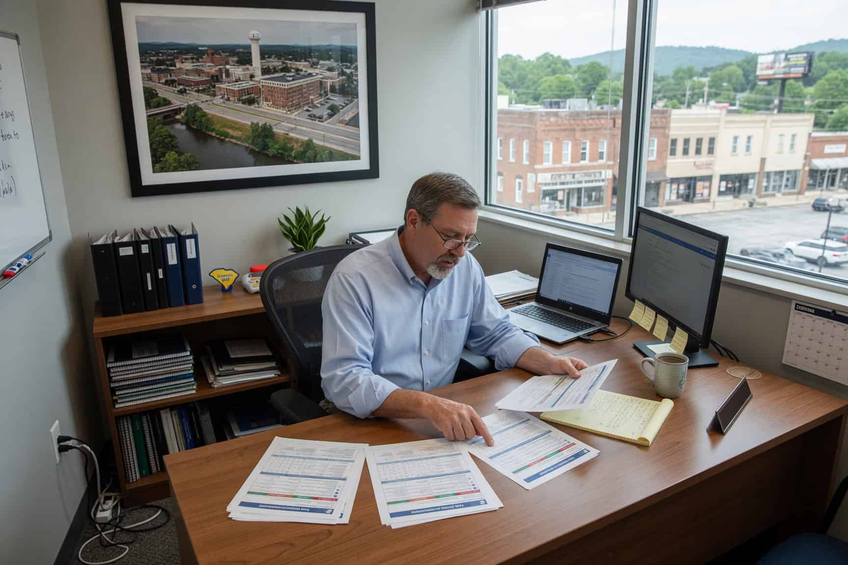 Spartanburg South Carolina small business owner reviewing group health insurance options in a modern office