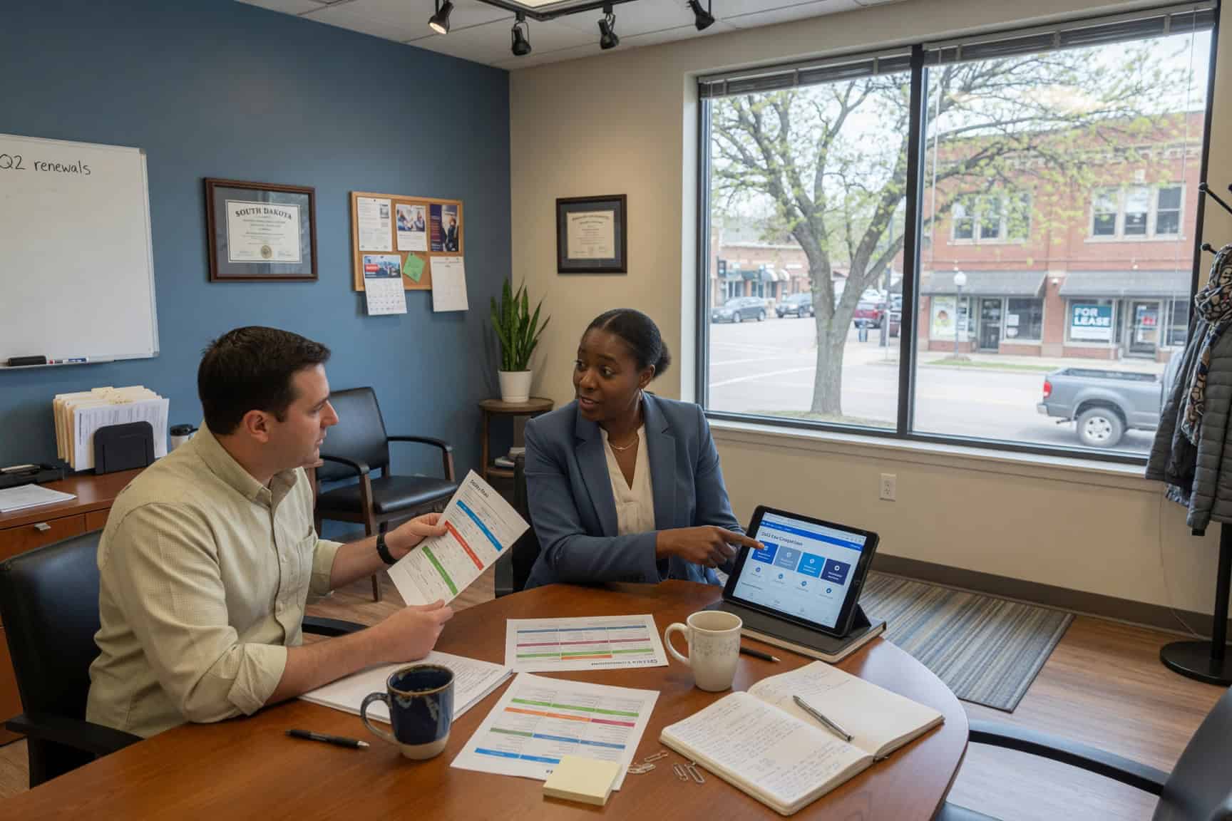 Brookings South Dakota small business owner reviewing 2026 health insurance benefit options with an employee