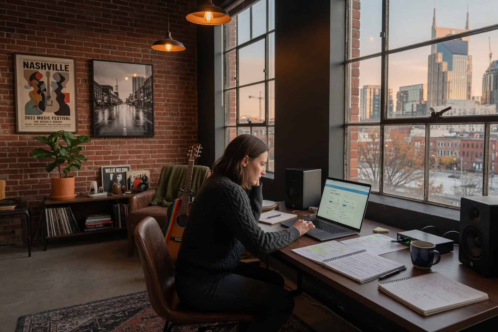 Nashville Tennessee self-employed musician reviewing 2026 individual health insurance options in a converted loft work space