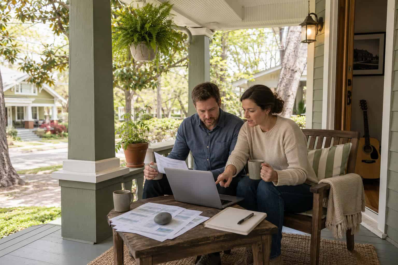 Nashville Tennessee couple reviewing 2026 marketplace health insurance plans on the front porch of their craftsman home