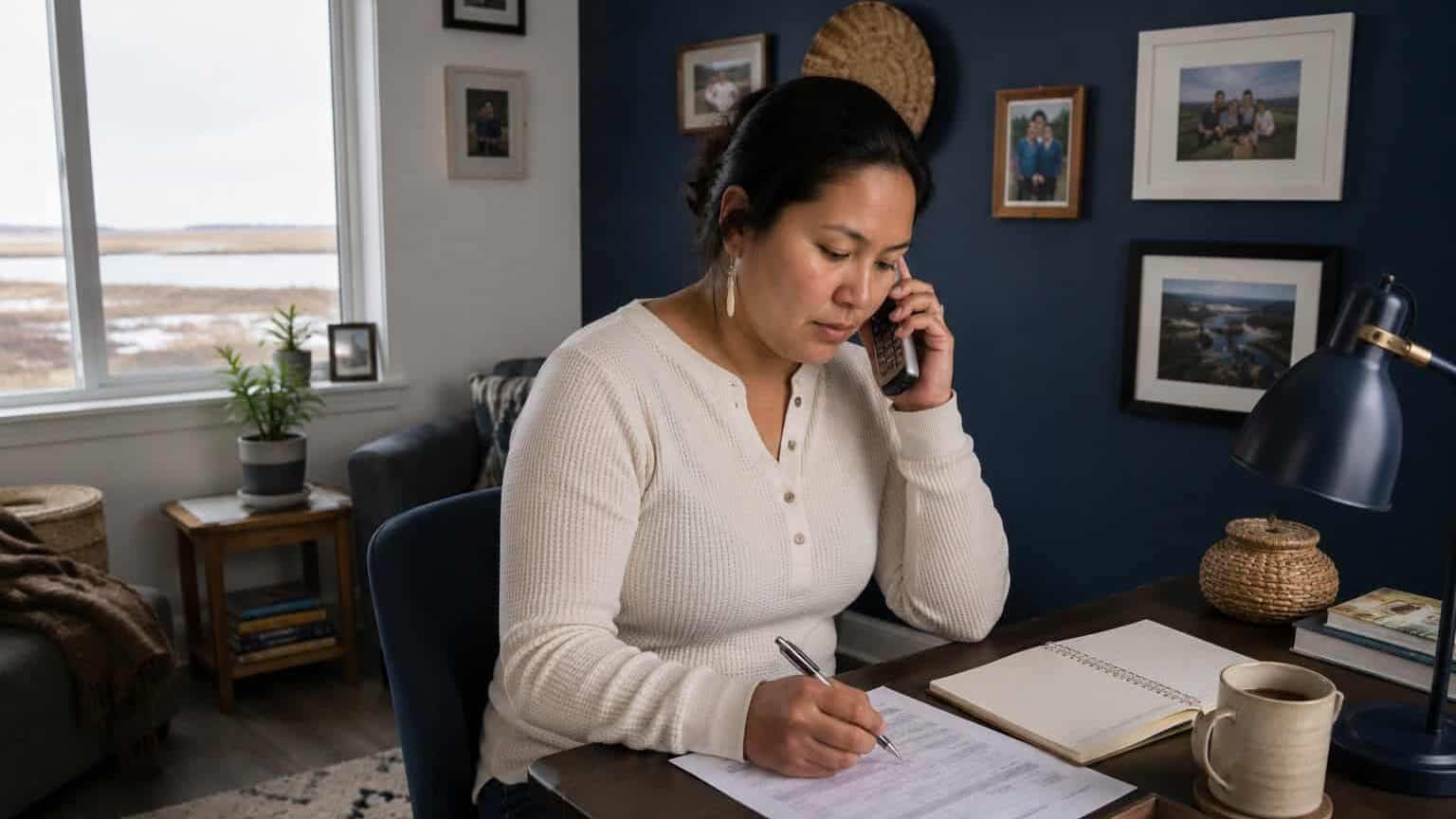 Alaska Native woman enrolling in marketplace coverage by phone from her home in Bethel, Yukon-Kuskokwim Delta