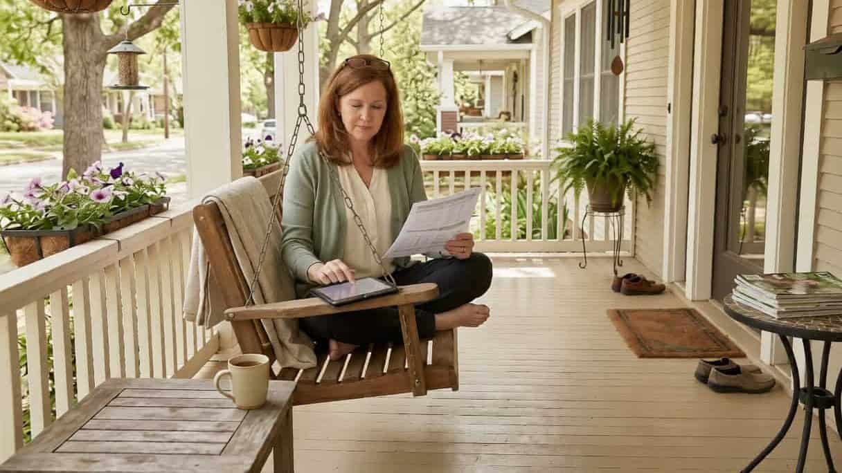 Arkansas woman reviewing affordable health insurance plan options on a Hot Springs front porch in 2026