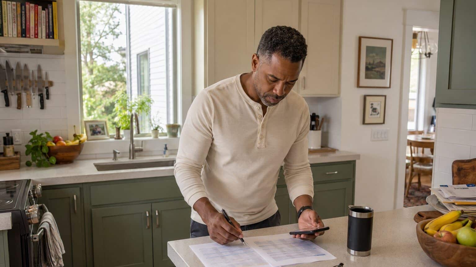 Arkansas man comparing health insurance carrier options at a kitchen counter in a Little Rock home in 2026