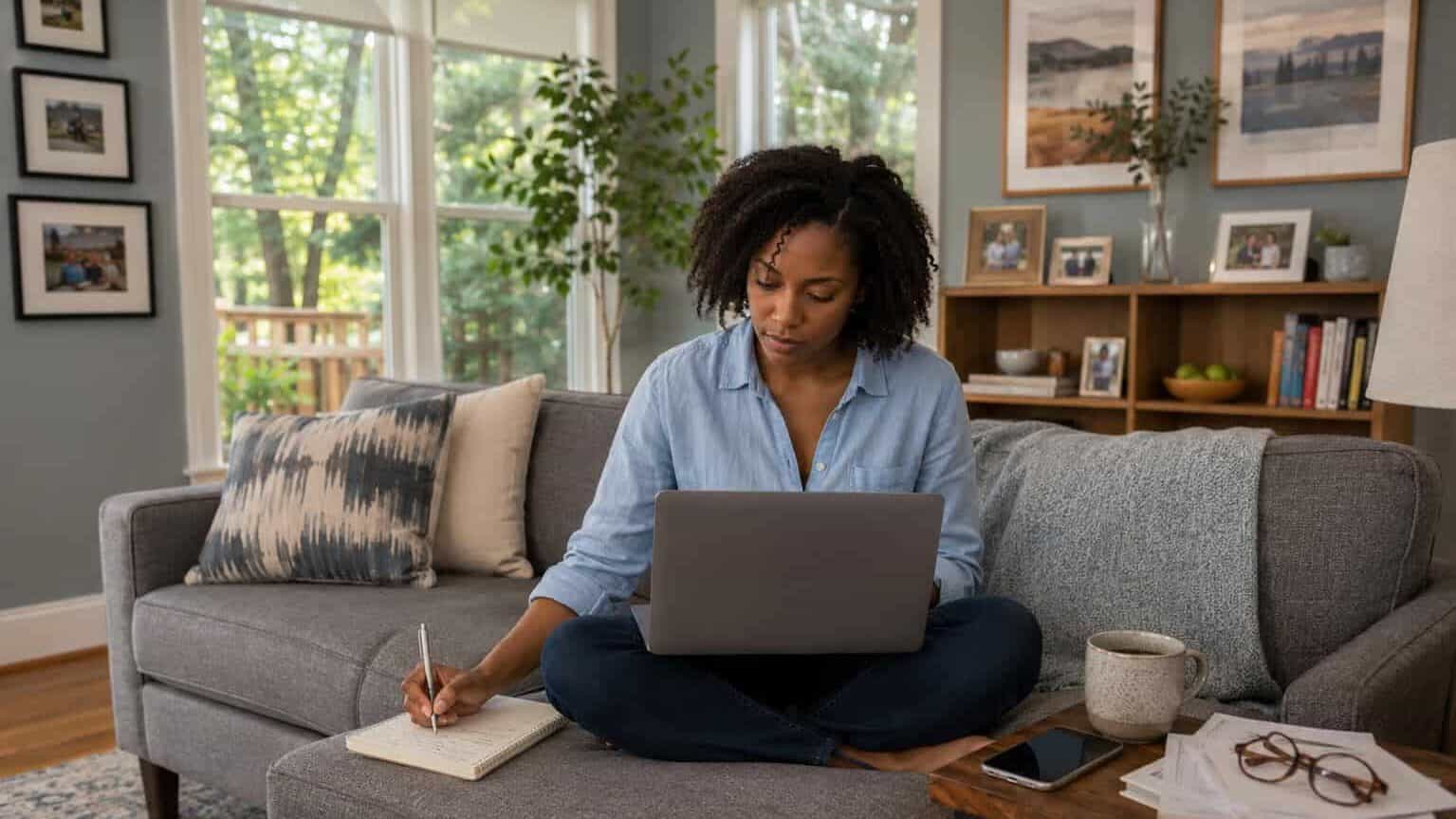 Arkansas woman comparing HealthCare.gov marketplace plans on a Fayetteville living room sofa in 2026