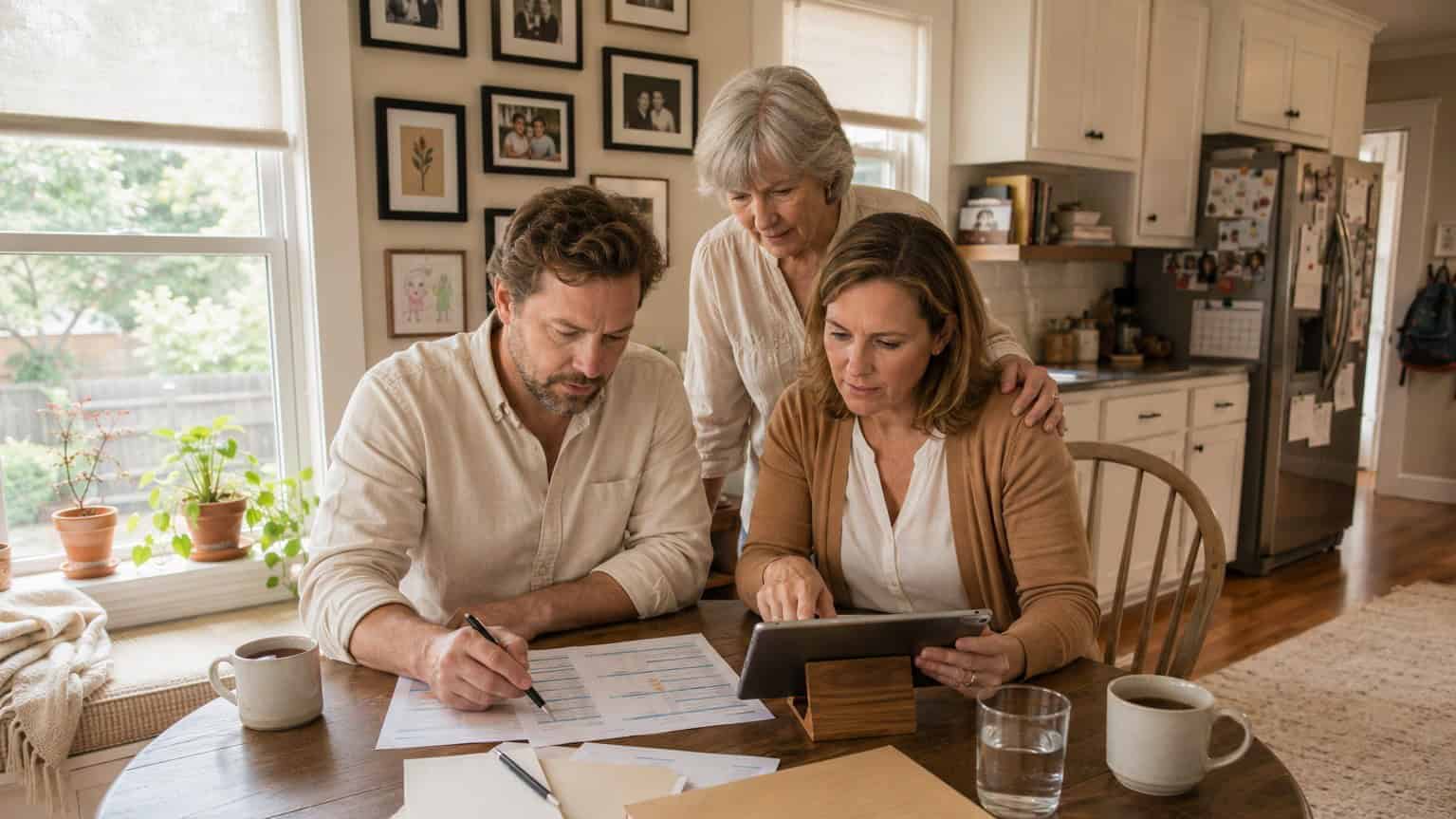 Arkansas family at a Little Rock kitchen table reviewing 2026 marketplace plans across the six carriers