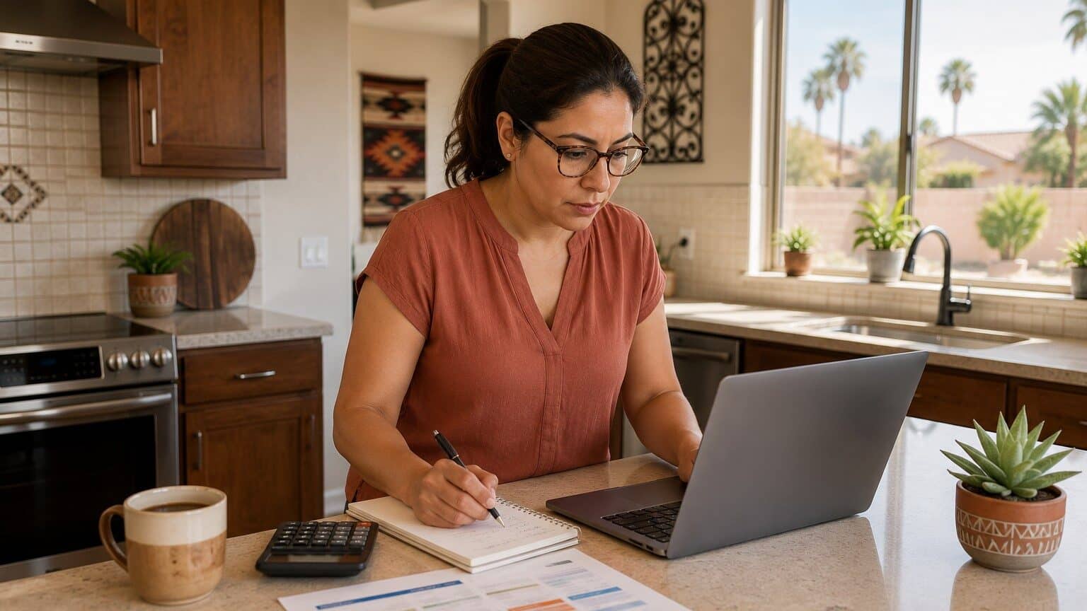 Arizona resident at a kitchen counter reviewing 2026 health insurance premiums and a household budget on a laptop